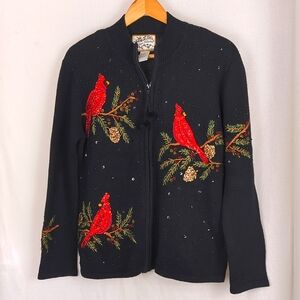 HEIRLOOM COLLECTION Women's Sequined Cardinal Black Zip Up Sweater